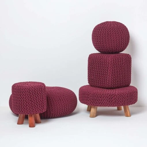 Plum Tall Cotton Knitted Footstool On Legs -Best Homeware Store sf1676d 05 1