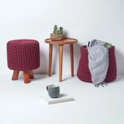 Plum Tall Cotton Knitted Footstool On Legs -Best Homeware Store sf1676d 06 1