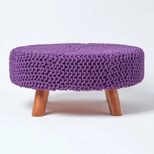 Purple Large Round Cotton Knitted Footstool On Legs -Best Homeware Store sf1676e 01