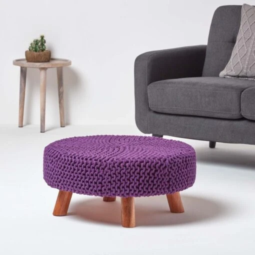 Purple Large Round Cotton Knitted Footstool On Legs -Best Homeware Store sf1676e 02