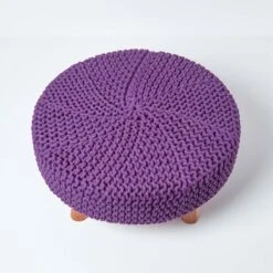 Purple Large Round Cotton Knitted Footstool On Legs -Best Homeware Store sf1676e 03