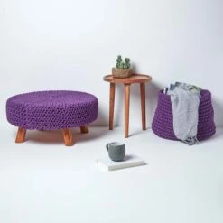 Purple Large Round Cotton Knitted Footstool On Legs -Best Homeware Store sf1676e 06