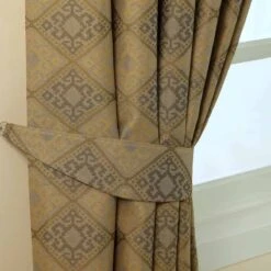 Gold Jacquard Curtain Abstract Aztec Design Fully Lined With Tie Backs, 66 X 54" Drop -Best Homeware Store sf1732 3