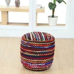 Multi Coloured Folk Woven Bean Filled Pouffe Circular 45 Cm -Best Homeware Store sf1791b 2