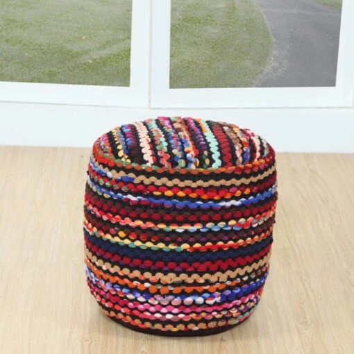 Multi Coloured Folk Woven Bean Filled Pouffe Circular 45 Cm -Best Homeware Store sf1791b 3