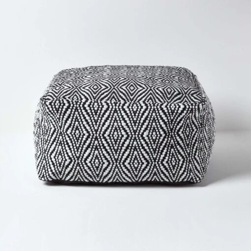 Trance Black And White Diamond Pattern Recycled Fibre Square Bean Filled Pouffe, 60 Cm -Best Homeware Store sf1794b 01