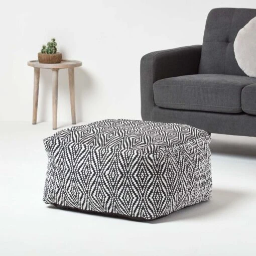 Trance Black And White Diamond Pattern Recycled Fibre Square Bean Filled Pouffe, 60 Cm -Best Homeware Store sf1794b 02