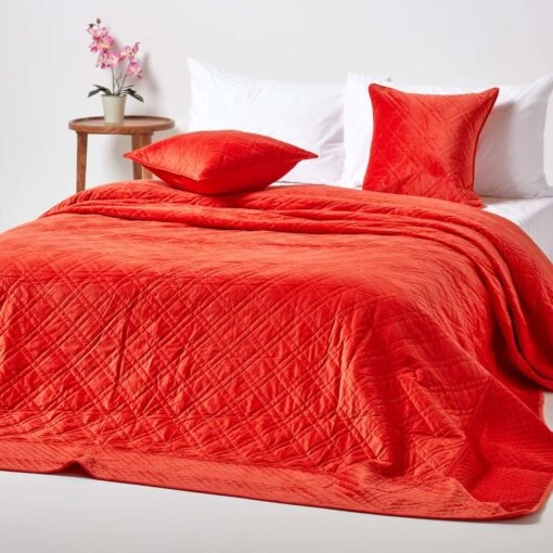 Burnt Orange Paragon Diamond Geometric Velvet Bedspread -Best Homeware Store sf1853 01