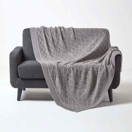 Grey Diamond Cable Knit Cotton Throw -Best Homeware Store sf1919 1