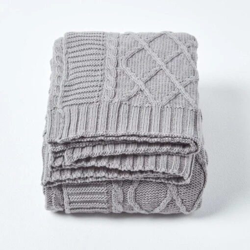 Grey Diamond Cable Knit Cotton Throw -Best Homeware Store sf1919 2