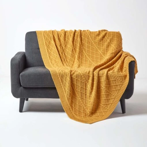 Mustard Diamond Cable Knit Cotton Throw -Best Homeware Store sf1920 1