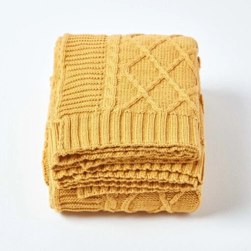 Mustard Diamond Cable Knit Cotton Throw -Best Homeware Store sf1920 2