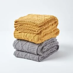 Mustard Diamond Cable Knit Cotton Throw -Best Homeware Store sf1920 5 1