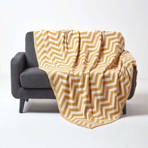 Mustard Chevron Cotton Knitted Throw -Best Homeware Store sf1949 1