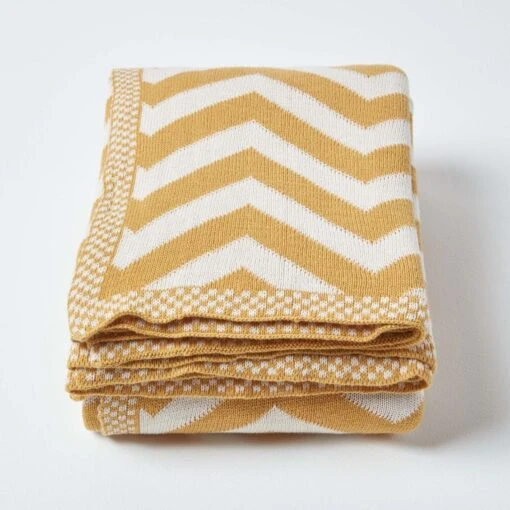 Mustard Chevron Cotton Knitted Throw -Best Homeware Store sf1949 2