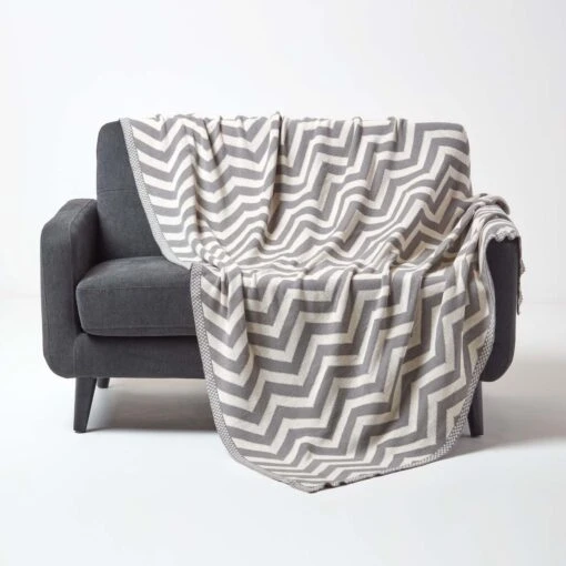 Grey Chevron Cotton Knitted Throw -Best Homeware Store sf1950 1