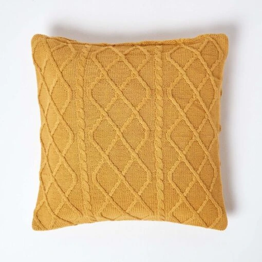 Mustard Diamond Cable Knit Cushion Cover, 45 X 45 Cm -Best Homeware Store sf1953 01