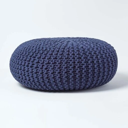 Navy Blue Large Round Cotton Knitted Pouffe Footstool -Best Homeware Store sf2003a 01