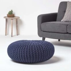 Navy Blue Large Round Cotton Knitted Pouffe Footstool -Best Homeware Store sf2003a 02