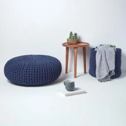 Navy Blue Large Round Cotton Knitted Pouffe Footstool -Best Homeware Store sf2003a 06