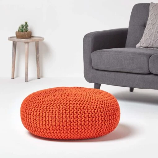 Burnt Orange Large Round Cotton Knitted Pouffe Footstool -Best Homeware Store sf2004a 02