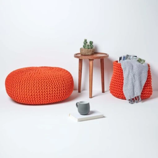 Burnt Orange Large Round Cotton Knitted Pouffe Footstool -Best Homeware Store sf2004a 06