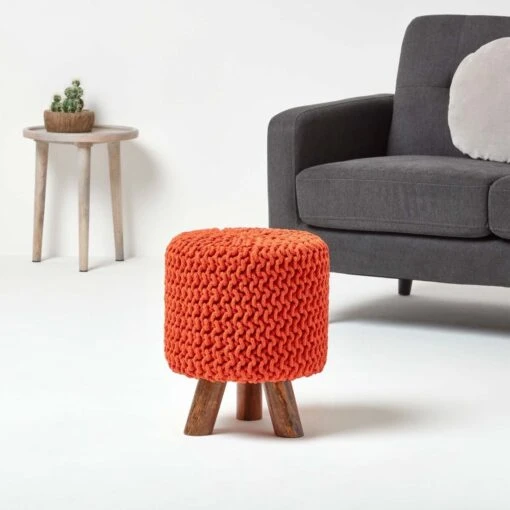 Burnt Orange Tall Cotton Knitted Footstool On Legs -Best Homeware Store sf2004b 02