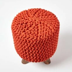 Burnt Orange Tall Cotton Knitted Footstool On Legs -Best Homeware Store sf2004b 03