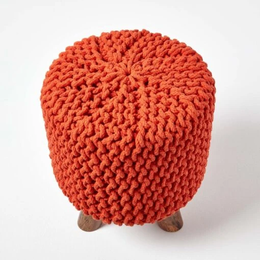 Burnt Orange Tall Cotton Knitted Footstool On Legs -Best Homeware Store sf2004b 03