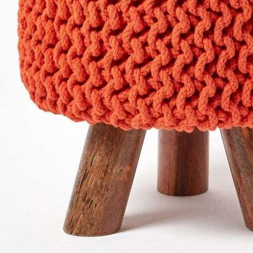 Burnt Orange Tall Cotton Knitted Footstool On Legs -Best Homeware Store sf2004b 04