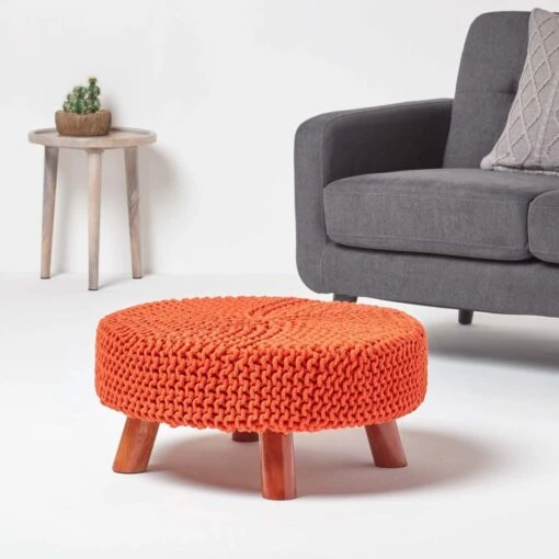 Burnt Orange Large Round Cotton Knitted Footstool On Legs -Best Homeware Store sf2004c 02