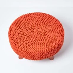 Burnt Orange Large Round Cotton Knitted Footstool On Legs -Best Homeware Store sf2004c 03