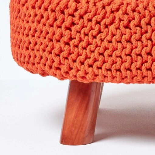 Burnt Orange Large Round Cotton Knitted Footstool On Legs -Best Homeware Store sf2004c 04