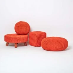 Burnt Orange Large Round Cotton Knitted Footstool On Legs -Best Homeware Store sf2004c 05