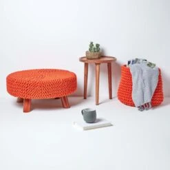 Burnt Orange Large Round Cotton Knitted Footstool On Legs -Best Homeware Store sf2004c 06