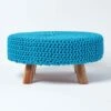 Teal Blue Large Round Cotton Knitted Footstool On Legs -Best Homeware Store sf2007c 01