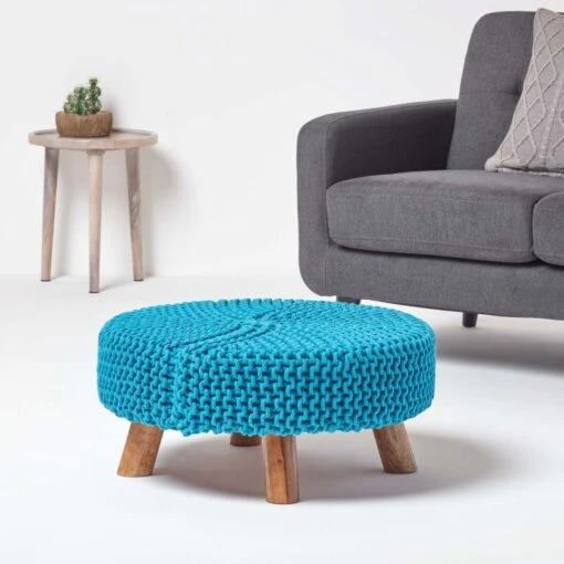 Teal Blue Large Round Cotton Knitted Footstool On Legs -Best Homeware Store sf2007c 02