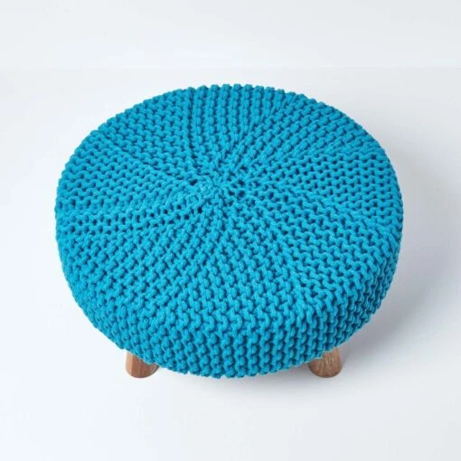 Teal Blue Large Round Cotton Knitted Footstool On Legs -Best Homeware Store sf2007c 03