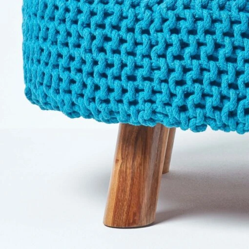 Teal Blue Large Round Cotton Knitted Footstool On Legs -Best Homeware Store sf2007c 04