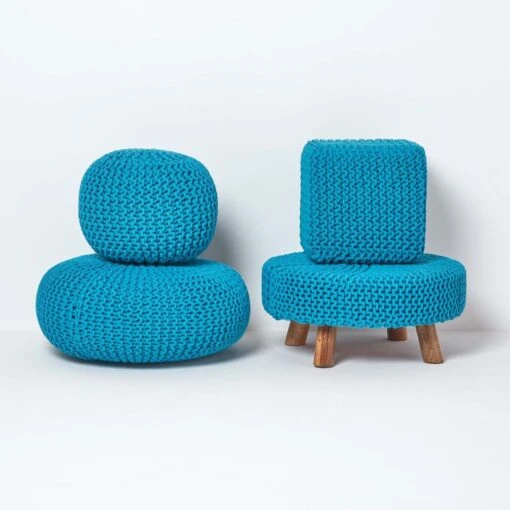 Teal Blue Large Round Cotton Knitted Footstool On Legs -Best Homeware Store sf2007c 05