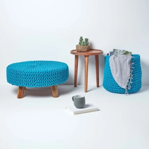 Teal Blue Large Round Cotton Knitted Footstool On Legs -Best Homeware Store sf2007c 06