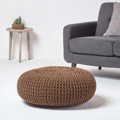 Chocolate Brown Large Round Cotton Knitted Pouffe Footstool -Best Homeware Store sf2008a 02