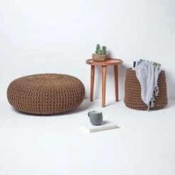 Chocolate Brown Large Round Cotton Knitted Pouffe Footstool -Best Homeware Store sf2008a 06 1