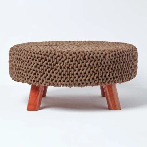 Chocolate Brown Large Round Cotton Knitted Footstool On Legs -Best Homeware Store sf2008c 01