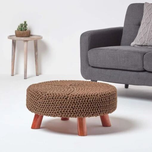 Chocolate Brown Large Round Cotton Knitted Footstool On Legs -Best Homeware Store sf2008c 02