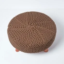 Chocolate Brown Large Round Cotton Knitted Footstool On Legs -Best Homeware Store sf2008c 03