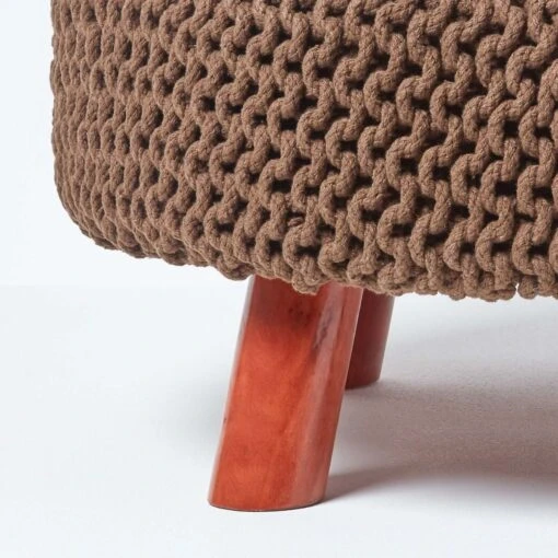 Chocolate Brown Large Round Cotton Knitted Footstool On Legs -Best Homeware Store sf2008c 04