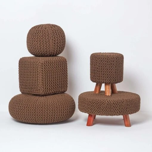 Chocolate Brown Large Round Cotton Knitted Footstool On Legs -Best Homeware Store sf2008c 05