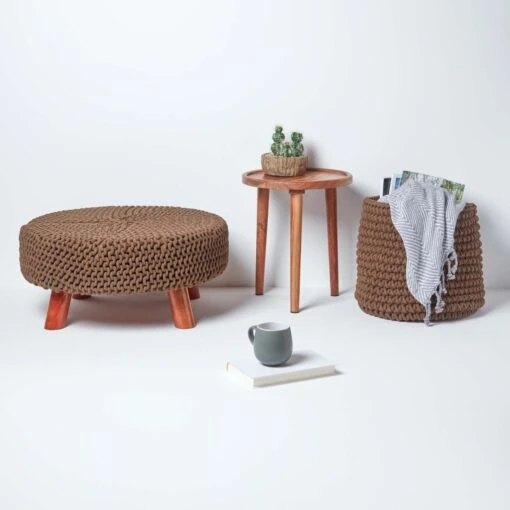 Chocolate Brown Large Round Cotton Knitted Footstool On Legs -Best Homeware Store sf2008c 06