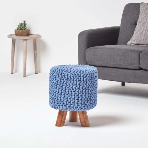 Blue Tall Cotton Knitted Footstool On Legs -Best Homeware Store sf2014a 02